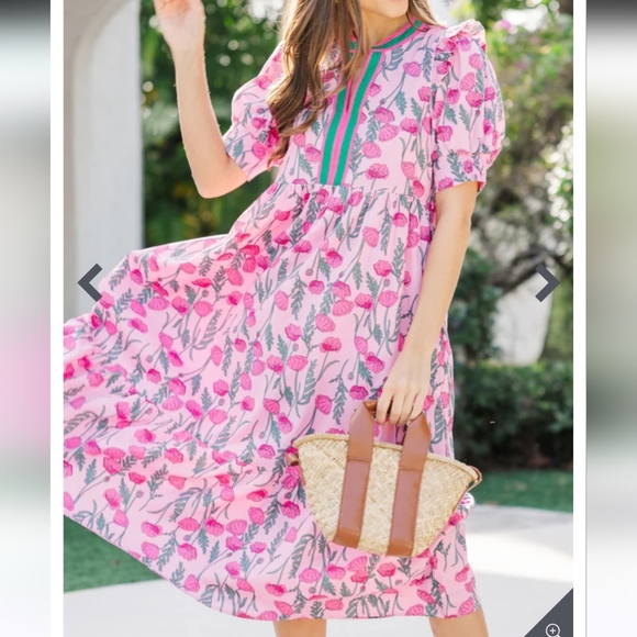 entro Dresses & Skirts - entro Pink Floral Maxi Dress with Green Stripe Accents